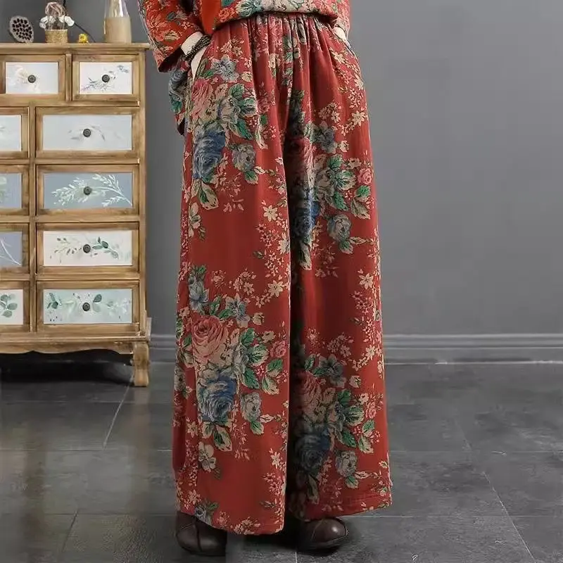 Vintage National Style Cotton Linen Wide Leg Pants High Waist Thin Casual Versatile Printed Women Loose Trousers K1956