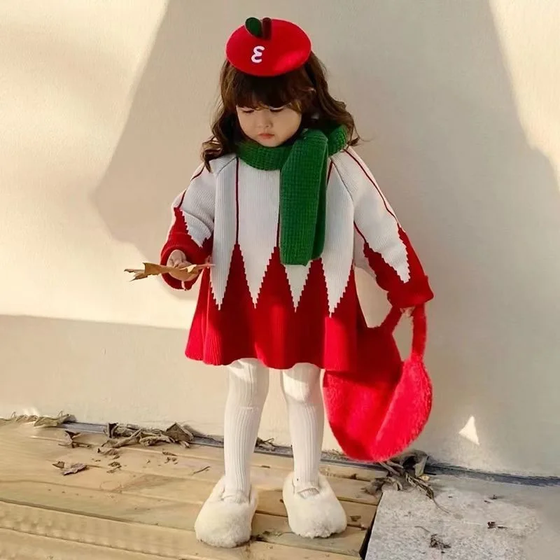 

2024, осенне-зимний новый корейский милый вязаный свитер контрастного цвета для девочек, детская рождественская куртка с капюшоном, тренд