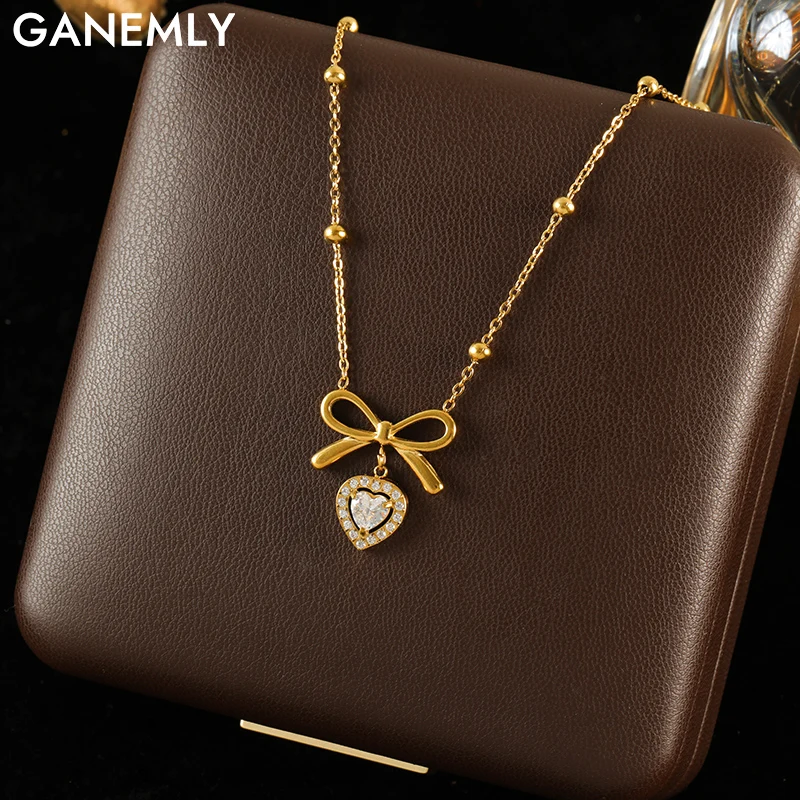 GANEMLY 316l Stainless Steel Luxury Bling Cubic Zirconia Bowknot Heart Pendant Necklace Women Chic Romantic Waterproof Jewelry