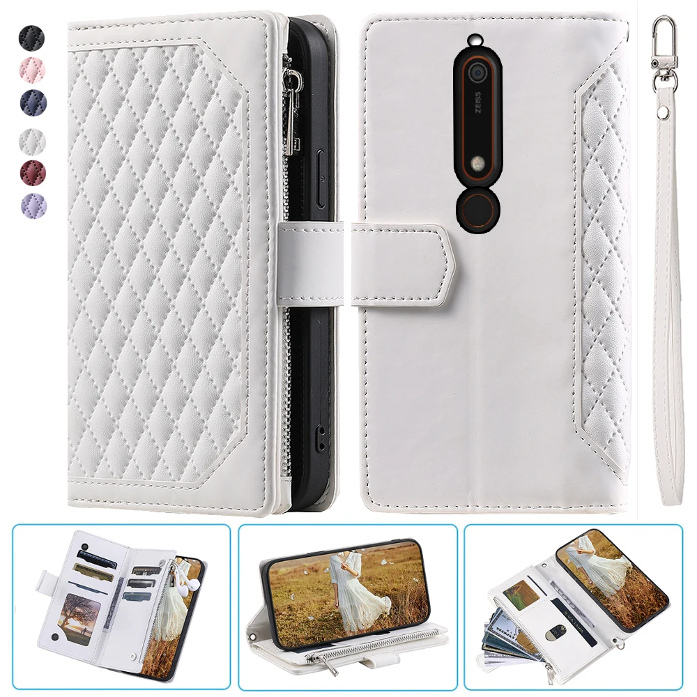 For Nokia 6.1 Fashion Small Fragrance Zipper Wallet Leather Case Flip Cover Multi Card Slots Cover Folio with Wrist Strap