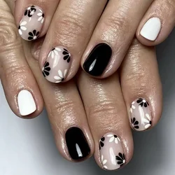 24Pcs Round Head Oval Manicure Black White Summer Days Design Short Ballet Fake Nails Detachable Cute Flower Press on Nails Tips