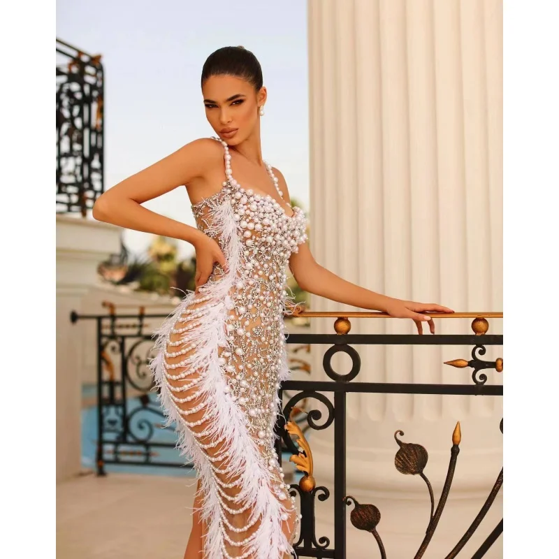 Heavy industry feather embroidery beads suspender tight dress luxury party dinner dress