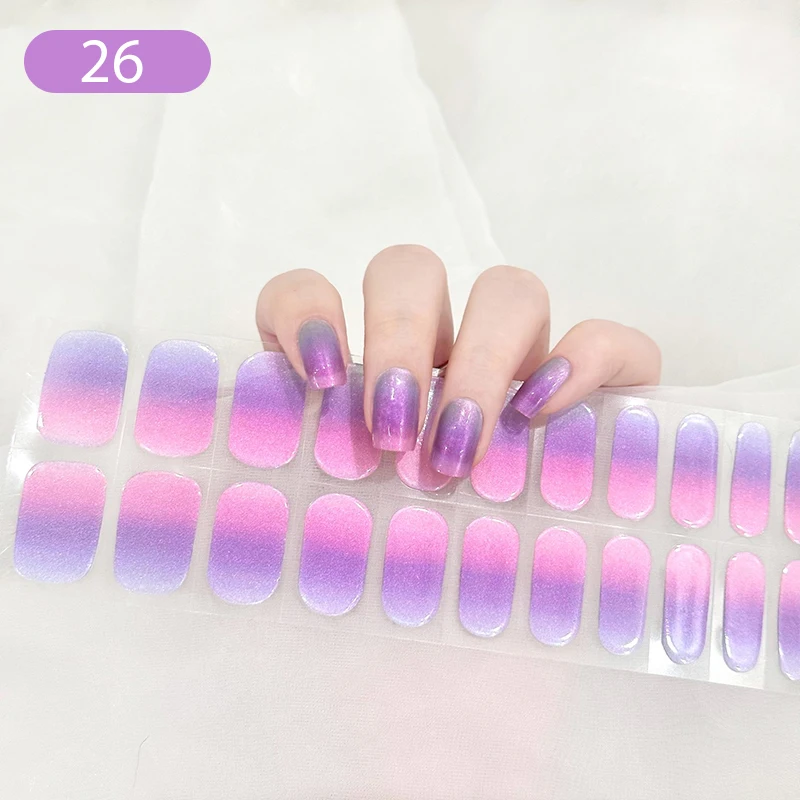 20/22Tips Gradient Jelly Pink Semi Cured Gel Nail Strips Waterproof Self Adhesive Long Lasting Gel Polish Stickers For Nails DIY