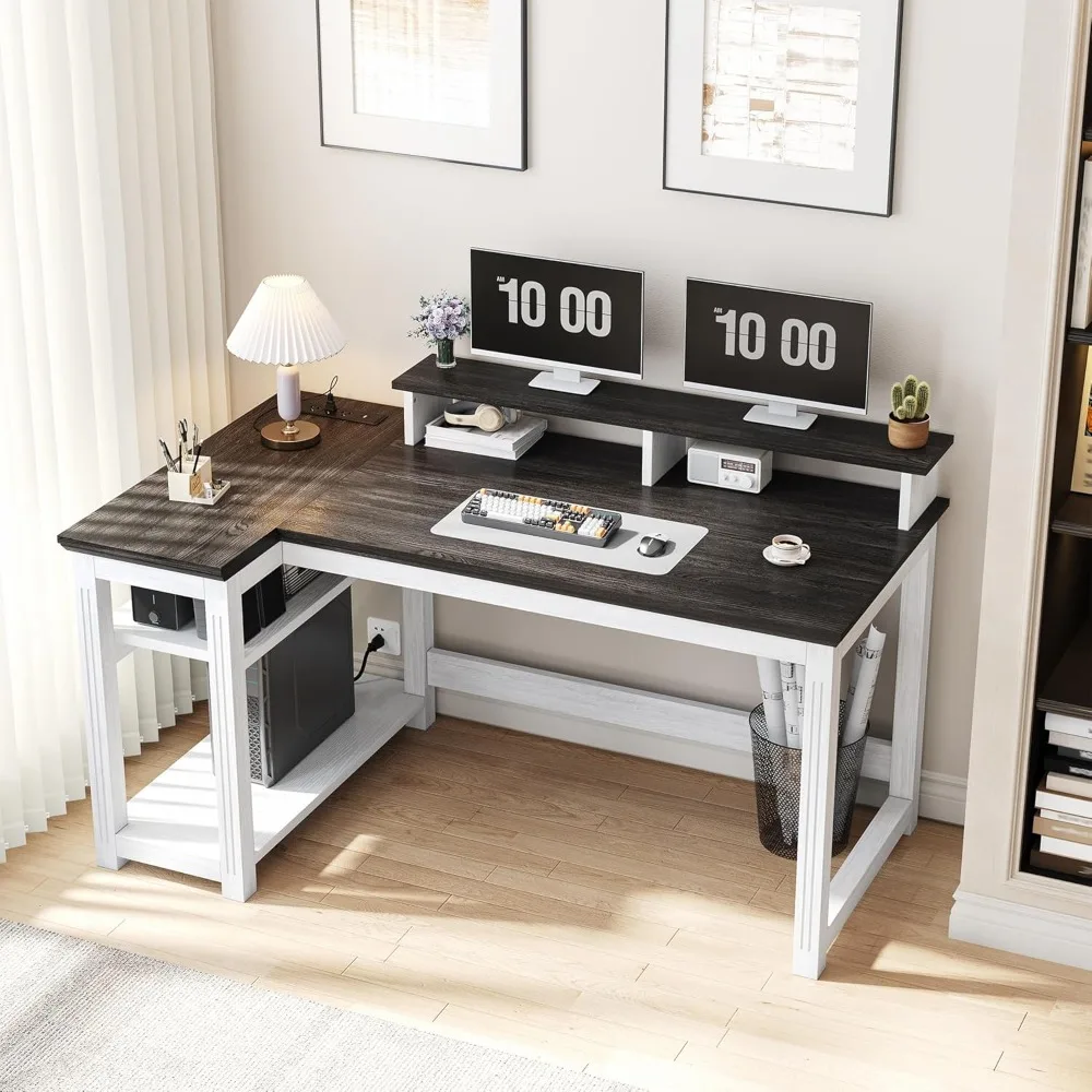 47.3 مكتب كمبيوتر مع حامل شاشة وأضواء LED، مكتب مزرعة مع مخرج طاقة وأرفف تخزين للمنزل O