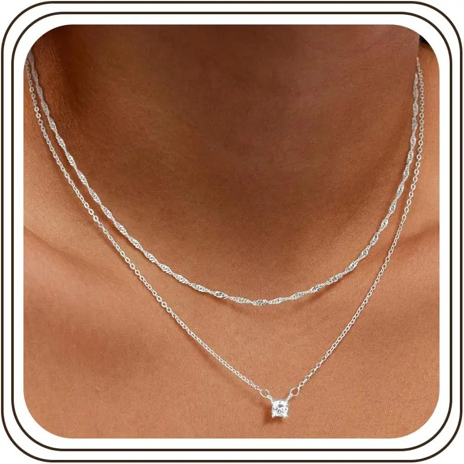 

2Pcs/Set Silver Chain 925/14K Zircon Pendant Necklace Multi Layer Waterproof Boho Jewelry Gift for Women 38-45cm