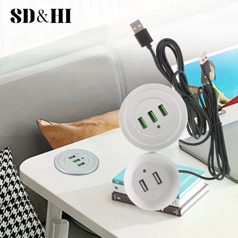 1 Piece Splitter Charging 2/3 Port USB Desktop Embedded Charger For Mobile Phone 2/3 USB HUB Computer Desk Data Line