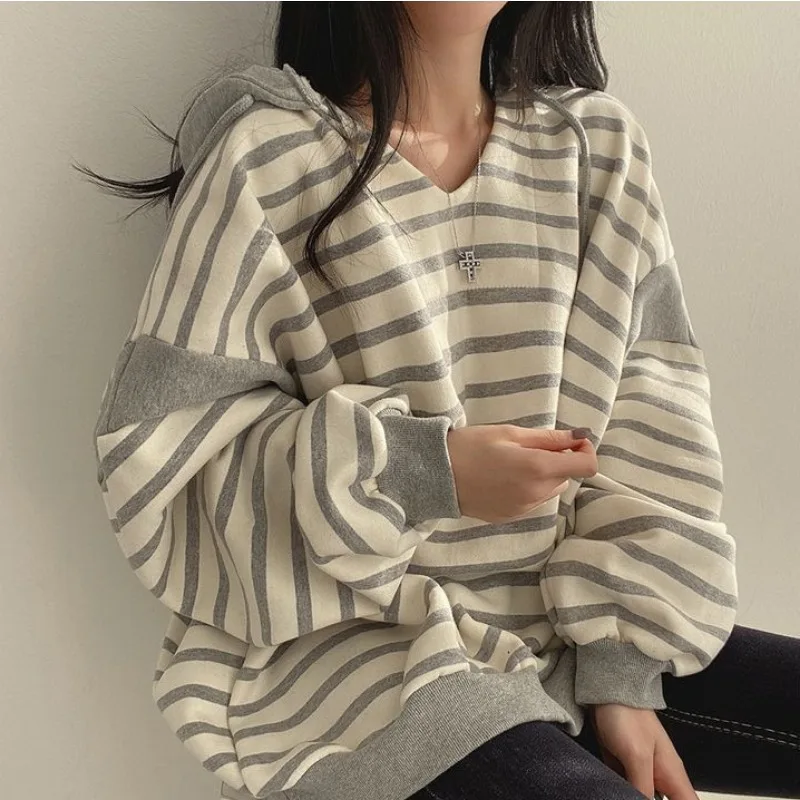 V-neck Striped Sweater Women's Hooded Spring and Autumn Winter Clothing Casual Round Neck Pullover Thin Velvet