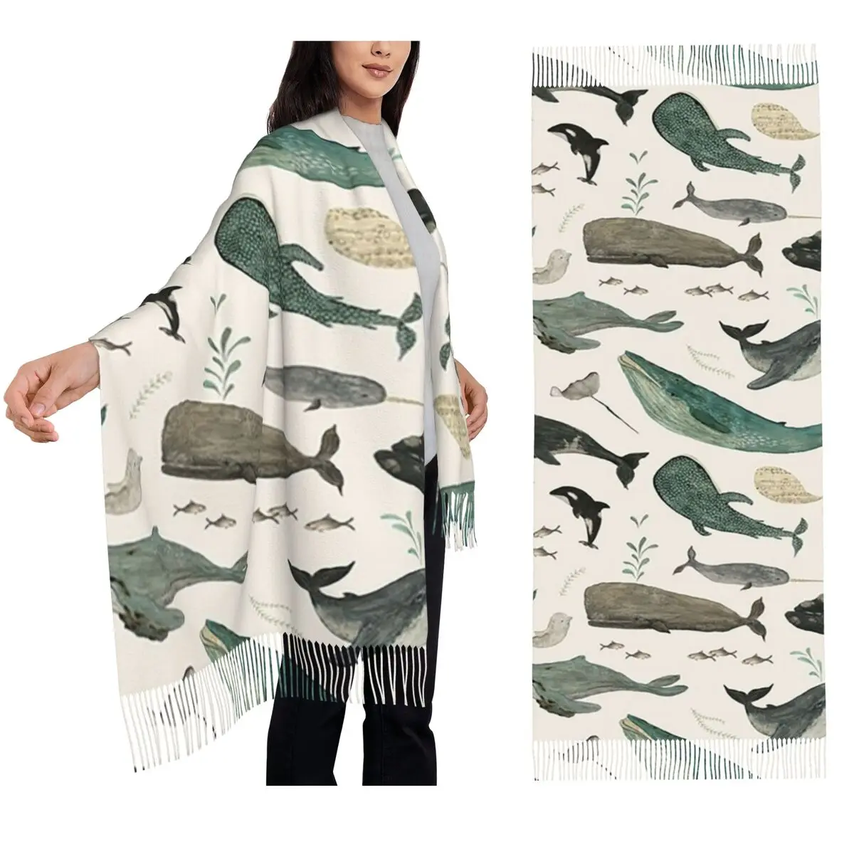 

Шарф с китовой песнями, шарфы с кисточками для женщин, мягкие теплые шали и накидки, длинная осенне-зимняя шаль