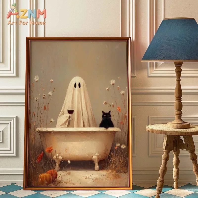 Adorable Ghost Black Cat in Bathtub, Wildflowers and Pumpkins Gothic, Halloween Unframed Canvas Poster for Autumn Home Wall Deco