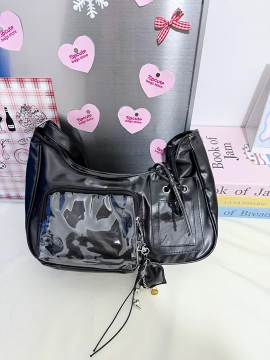 Y2k Schultertasche für Damen, Koreanische Transparente Ita-Tasche, Schul-Umhängetasche, Designer-Handtasche im Preppy-Stil (Ohne Zubehör) – Detail 10
