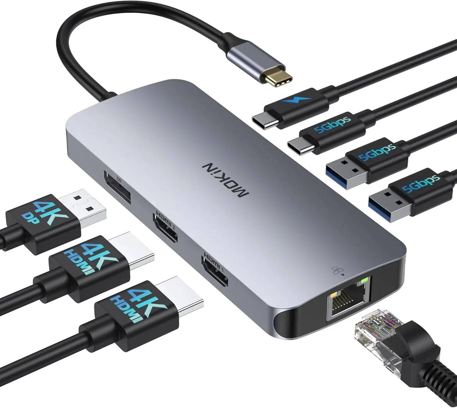 

Док-станция USB-C для 3 мониторов, хаб 8-в-1 с двумя портами HDMI, DisplayPort, Ethernet и функцией зарядки PD
