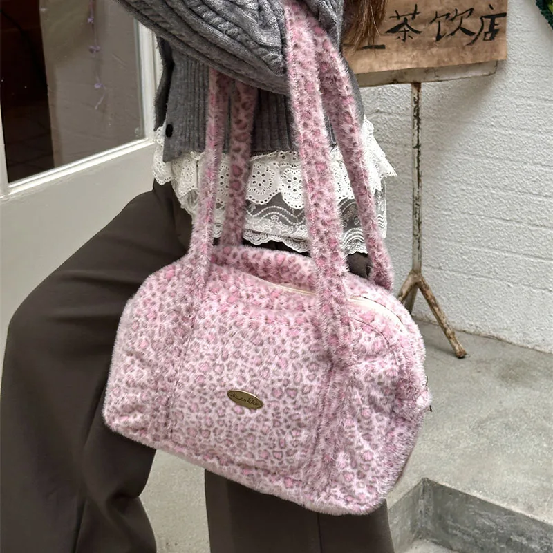 Fashion Leopard Print Travel Portable Zipper Shoulder Bag Autumn Winter New Women Plush Tote Bag Casual Large Capacity Handbag