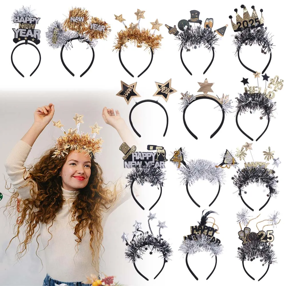 

Gold Silver Happy New Year Headband Glitter Star Sequin 2025 New Year Hairband Hair Hoop Decorative Party Photo Props