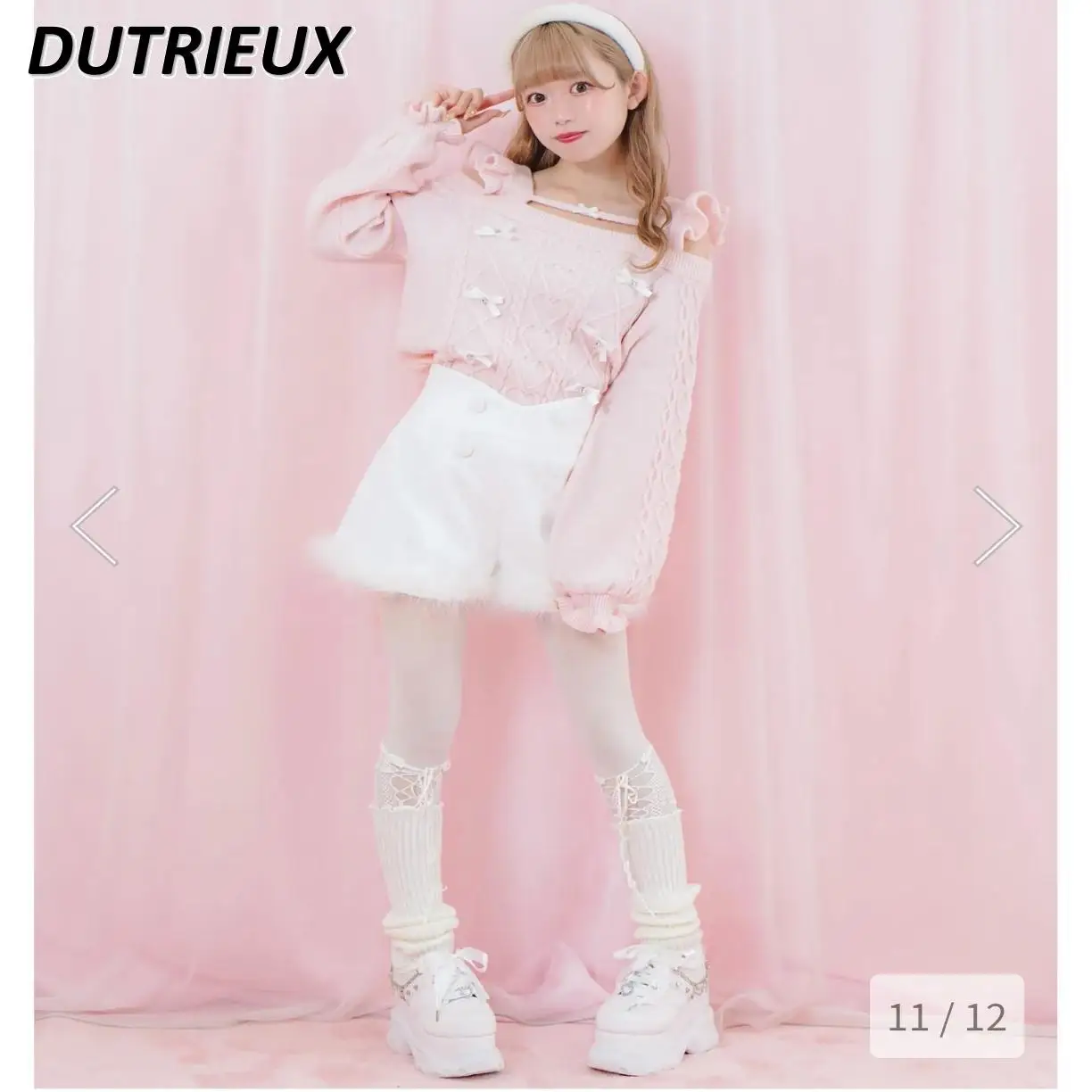 Japanese Mines Ruffle Edge Bow Suspender Knitted Sweater Autumn and Winter New Off-the-shoulder Long-sleeved Versatile Pullover