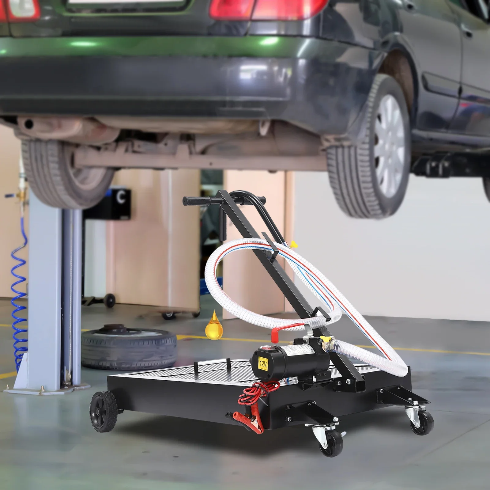 

12V 155W 15 Gallon Electric Oil Drain Pan Set with Electric Oil Pump and 8 Ft Hose T Folding Handle Oil Drain Cart