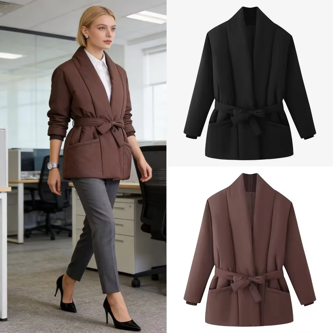 

Повседневная однотонная женская парка с элегантным поясом на шнуровке, длинными рукавами и поясом, женская куртка 2025 года, зимняя шикарная уличная одежда для женщин