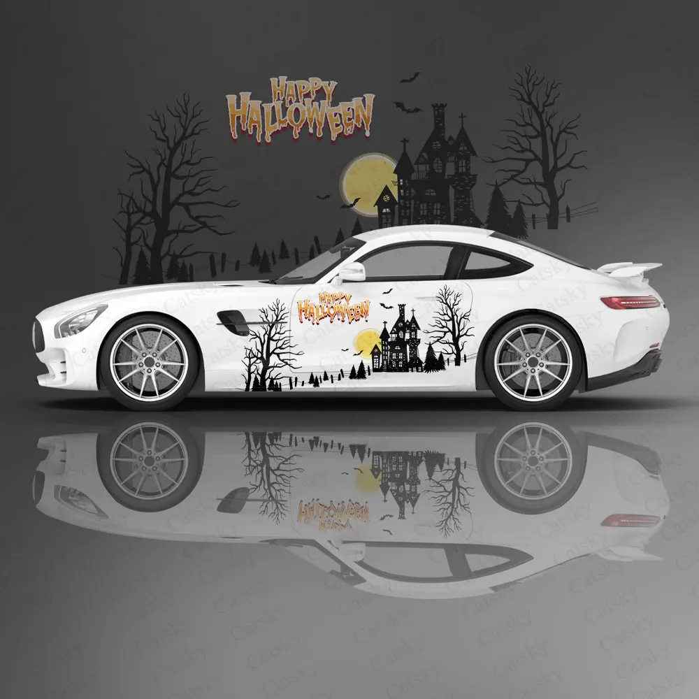 Halloween Night Old House Pumpkin Bat Car Sticker Decal Body Vinyl Sticker Graphic Wrap Holiday Car Decoration Sticker Accessory