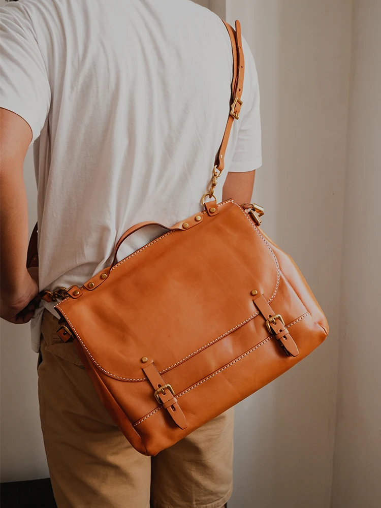 PNDME vintage high quality genuine leather men's briefcase fashion travel handmade cow leather work shoulder messenger bag