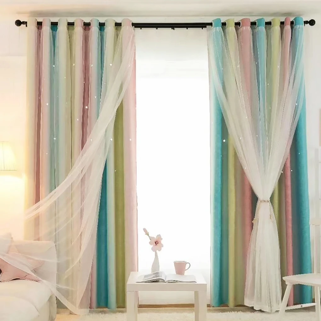 Hollow Star Design Double Layer Window Curtain Gauze Light Transmitting Curtain Light Blocking Drape 1x2.5m Hook Type