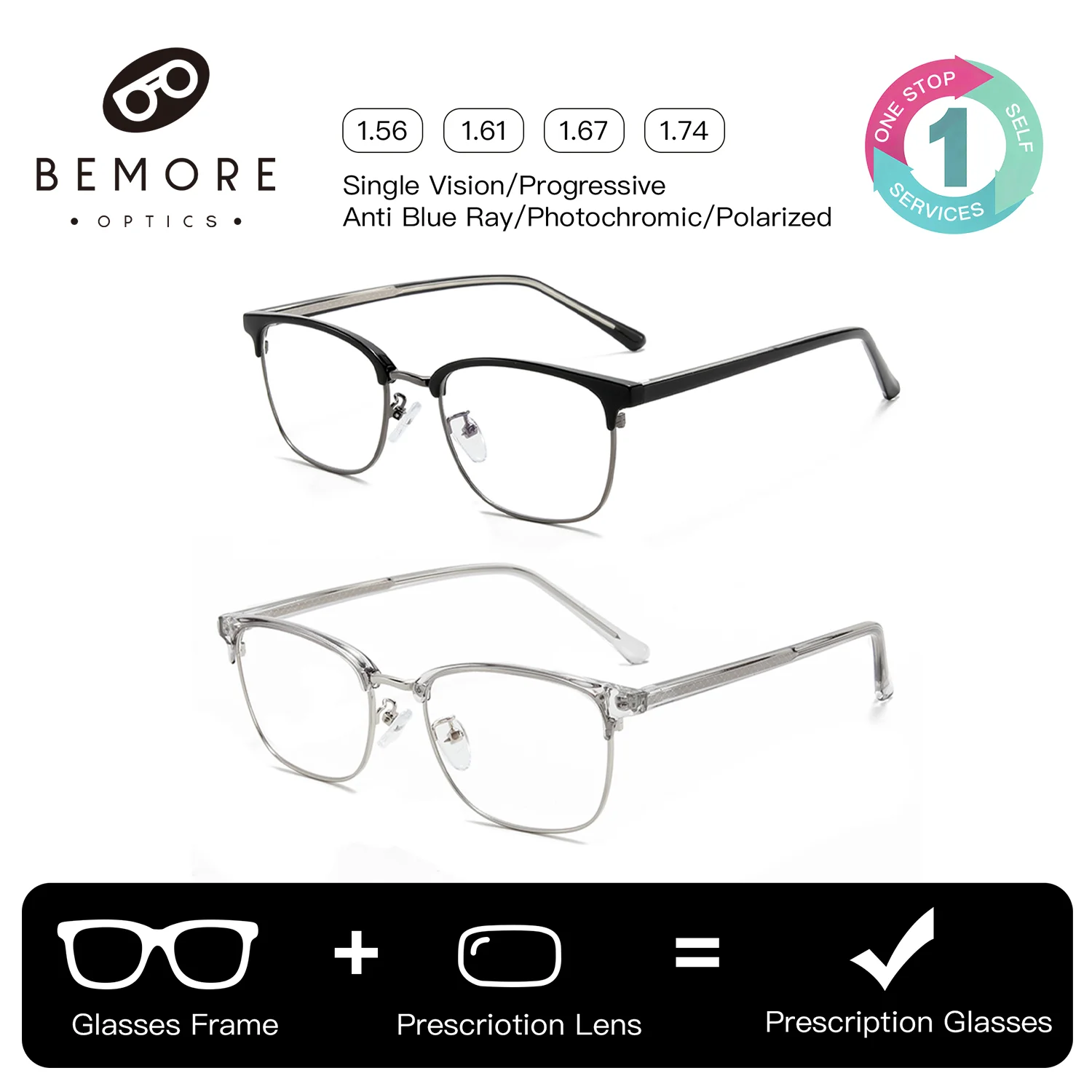 

BEMORE Metal Square Prescription Glasses for Men Photochromic Anti Blue Light Optical Lenses with Recipe Frame