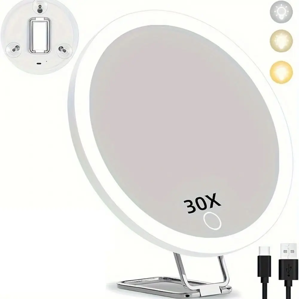 360° Adjustable Stand Magnifying Mirror with Light High-Definition Suction Cup LED Makeup Mirror Foldable 5/10/20/30x