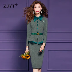 ZJYT Elegant Chic Autumn Long Sleeve Dresses for Woman 2024 Designer Ruffles Patchwork One Piece Pencil Office Dress Plus Size