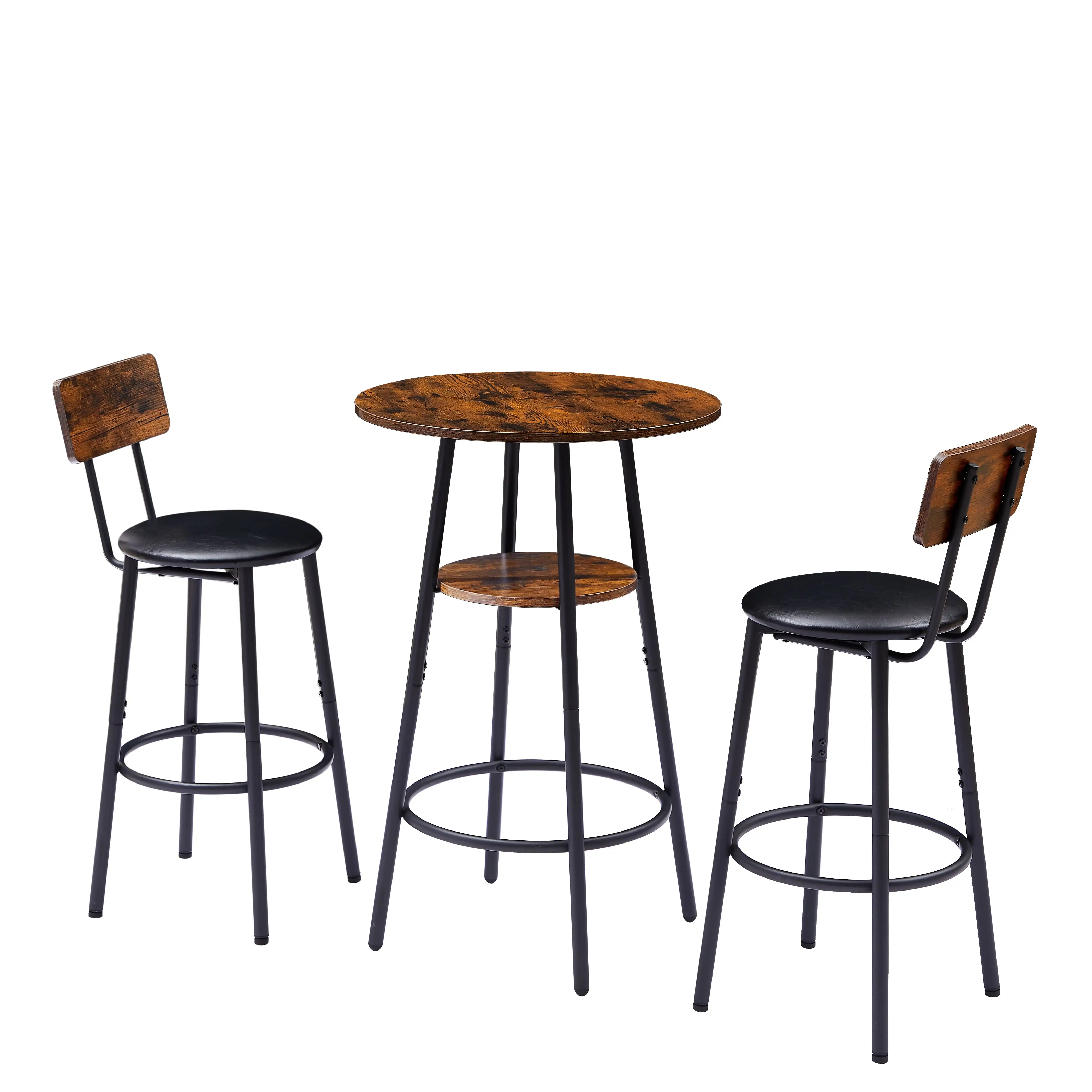 3-Piece Bar Table Set, Round Pub Dining Table & PU Upholstered Stools with Backrest for Kitchen Small Space, Rustic Brown