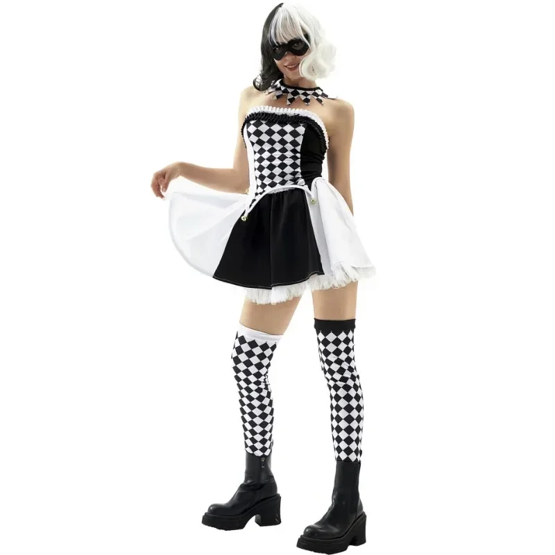 Adult Women Sexy Harley Costume Halloween Movie Quinn Naughty Joker Clown Harleyquin Cosplay Fancy Dress Cruella De Vil Wig