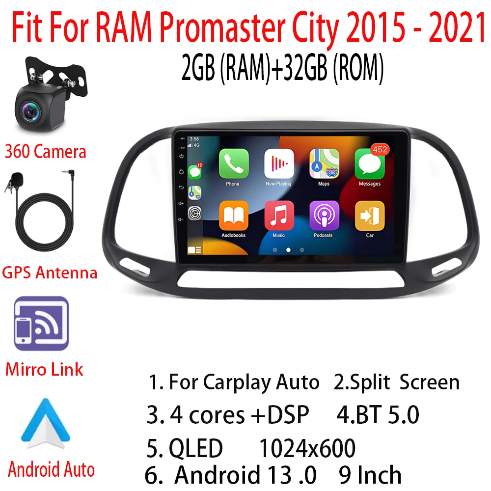 Car Navigation Player Android 13 Car Radio AHD Fit For Carplay/Android Auto For RAM Promaster City 2015 - 2021 Screen 2+32G