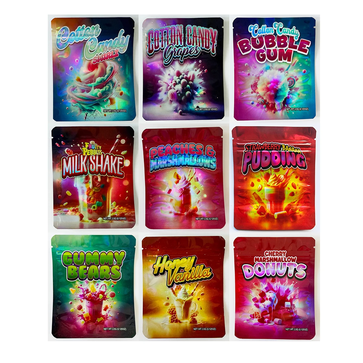 Cake Designs Holographic Mylar Bags 3.5g Smell Proof Pouch Soft Empty Zip Lock 3.5 Snack Candy Package Storage Packaging Case