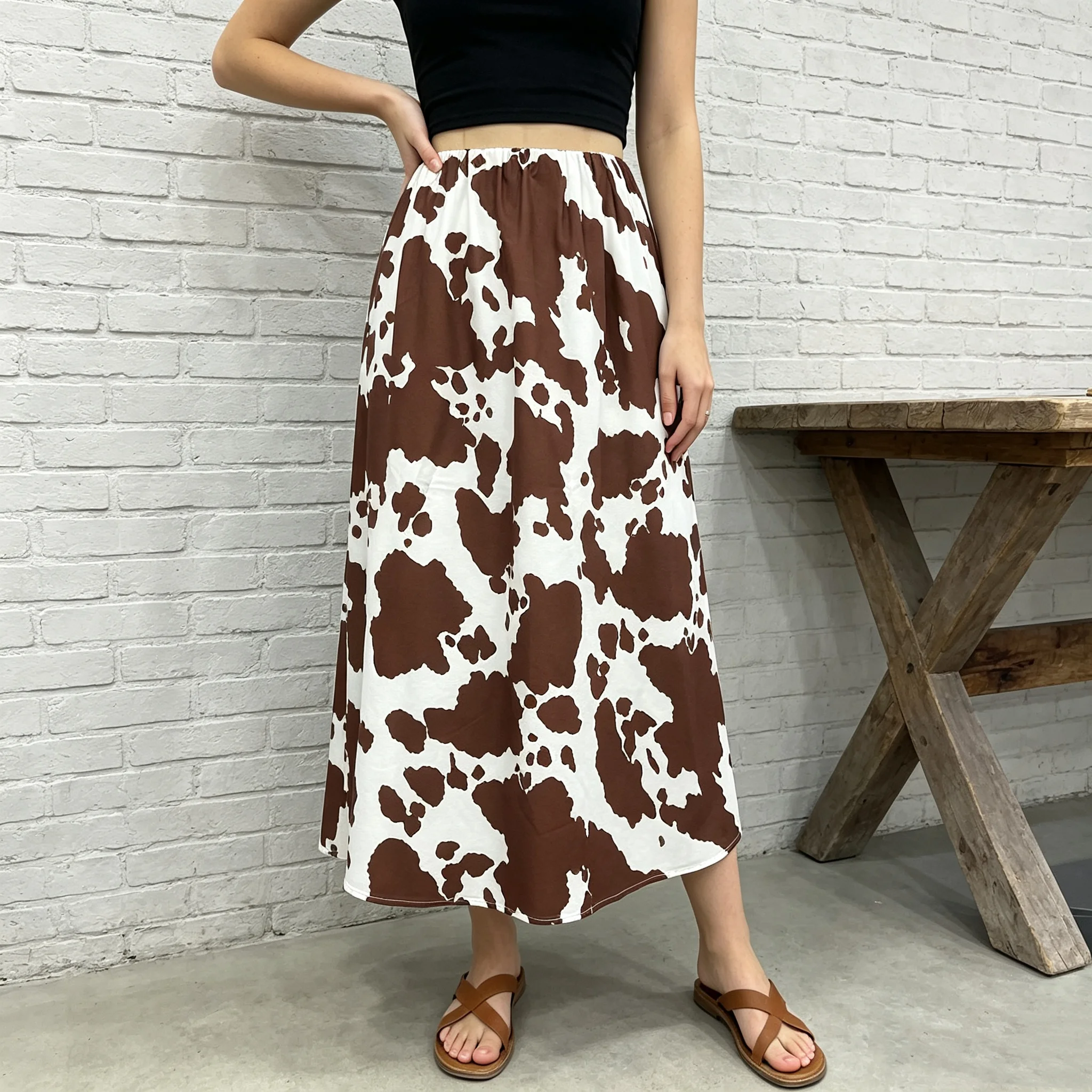 High Waist A-Line Cow Print Long Skirt for Women, Brown White Pattern, Casual Commute Versatile Skirt