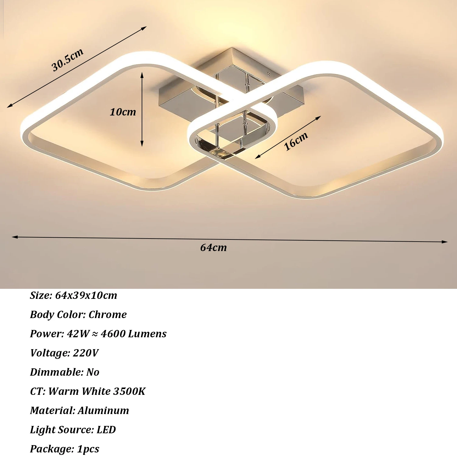 Moderne vierkante plafondlamp, LED-kroonluchters, 42W acryl plafondlamp voor keuken eetkamer woonkamer studio kantoor, 6500K