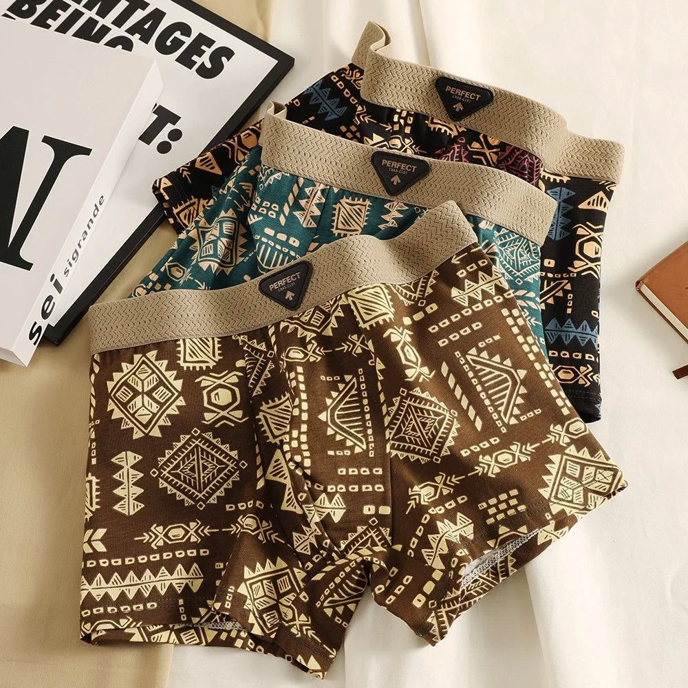 Retro Ethnic Style Men's Boxer Comfortable Briefs Vintage Print Elastic Underwear for Man Lingerie Mid Waist Shorts Underpants
