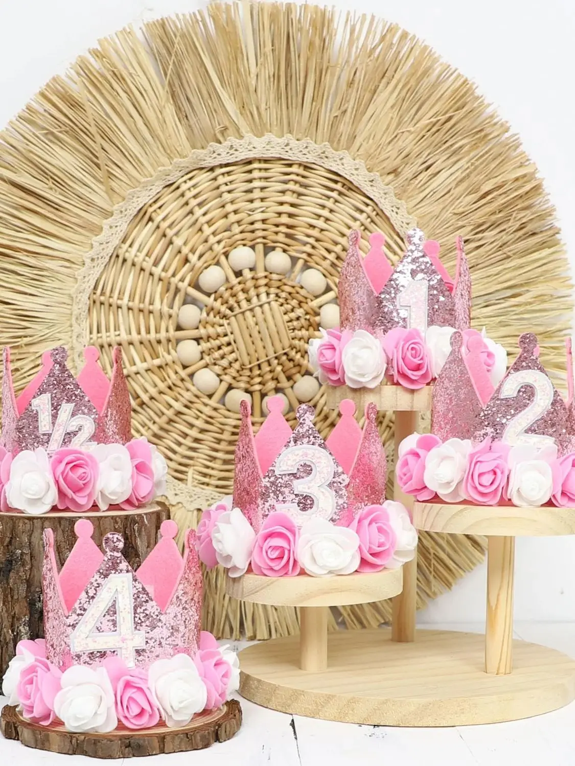 1 Stück Geburtstags-Kronenhut-Dekoration, rosa, weißer und goldener Glitzer, Foto-Requisite, Partyzubehör, Prinzessinnen-Thema-Party-Dekoration – Detail 1