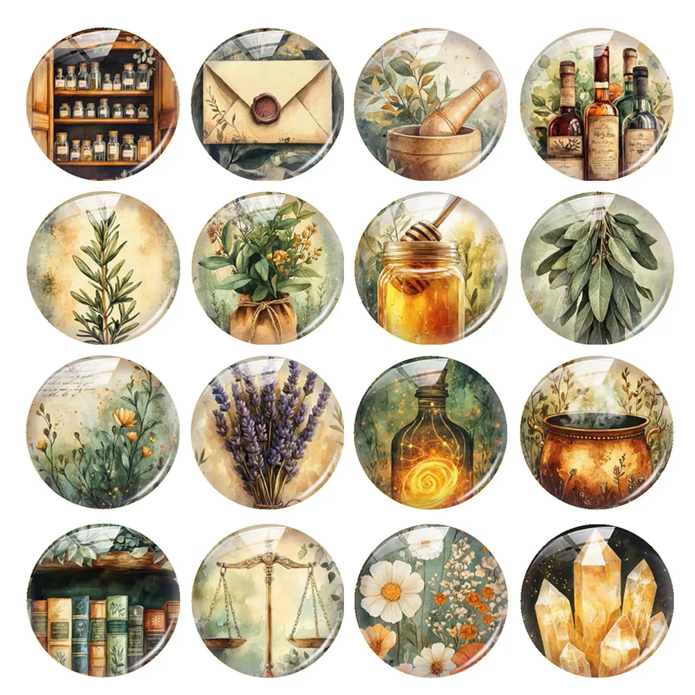Random Mixed Round/Oval/Square Apothecary Witch Herbs Potion Photo Glass Cabochon Flatback Demo Cameo For Diy Jewelry Making