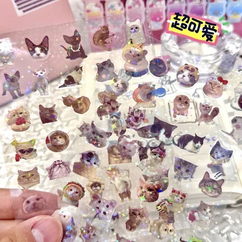 Imagen 2 del producto 10 Uds. De pegatinas láser de gato bonito, purpurina, impermeable, translúcido, papelería divertida, materiales para álbum de recortes, suministros para manualidades