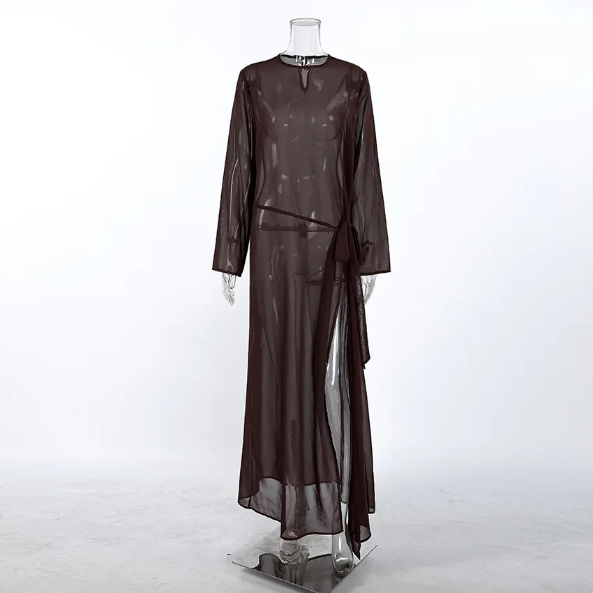 Sexy Braunes Transparentes Maxikleid Damen Langarm Seitenschlitz Langes Kleid Elegantes Mesh Bodycon Kleid Party Clubwear Strand Cover-Up