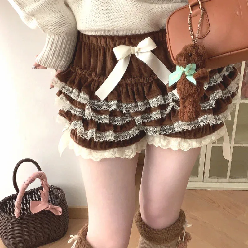 Autumn Winter Warm Lolita Safety Short Pants Women Sweet Chic Plush Bloomers Japanese Y2k Lace Bow Knickers Harajuku Cute Shorts