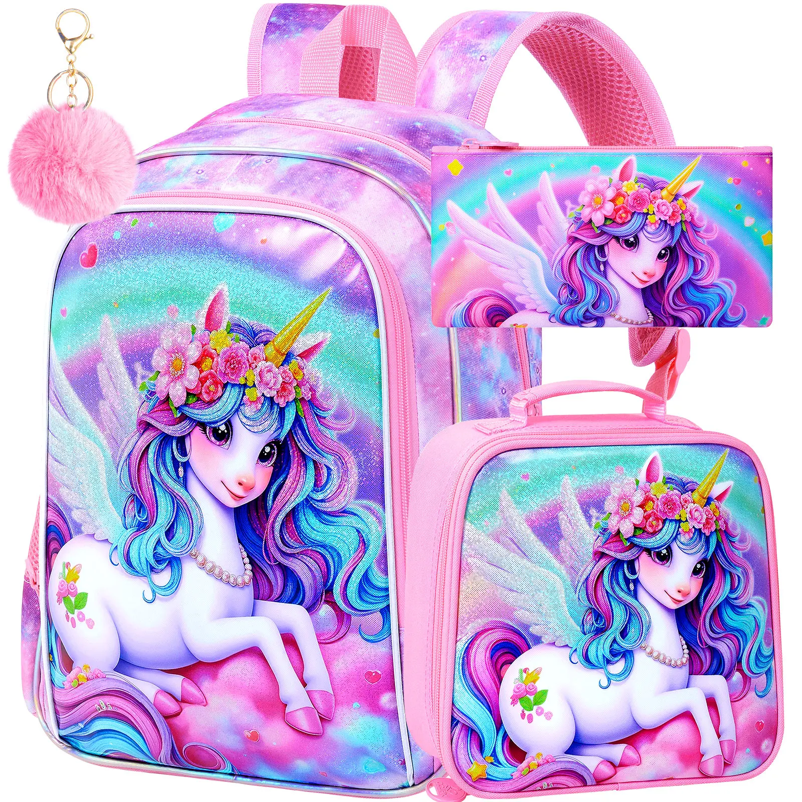 

3PCS Unicorn Backpacks for Girls, 16" Little Kids Backpack Preschool Elementary School Bookbags and Lunch Box