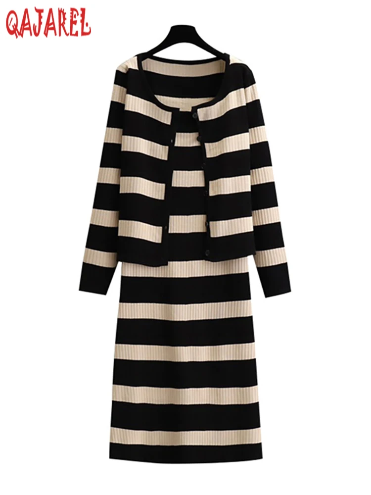 

2024 Black Striped Knitted Cardigan+Sling Sexy Sweater Dress Two Piece Sets Women Autumn Winter Thick Warm Elegant Casual Suits