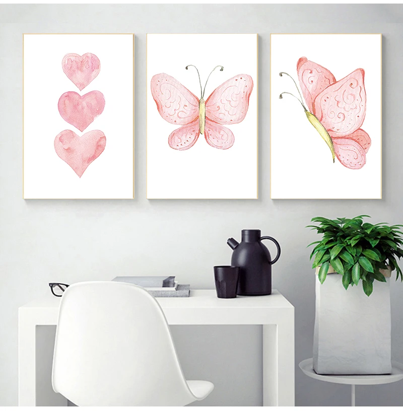 

Pink Heart Canvas Painting Butterfly Wall Art Print Custom Name Posters Nursery Poster Nordic Wall Pictures Baby Girl Room Decor