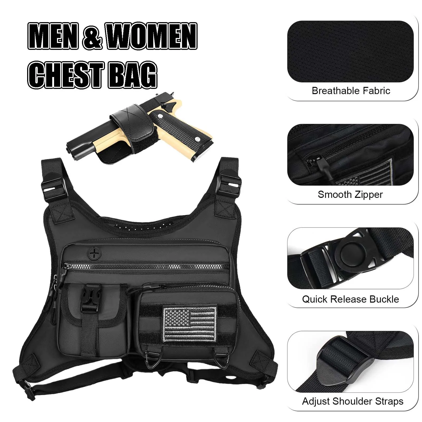 

Chest Bag for Men & Women with Removable Pistol Holster, Adjustable EDC Tactical Vest for Running, Sports Workouts