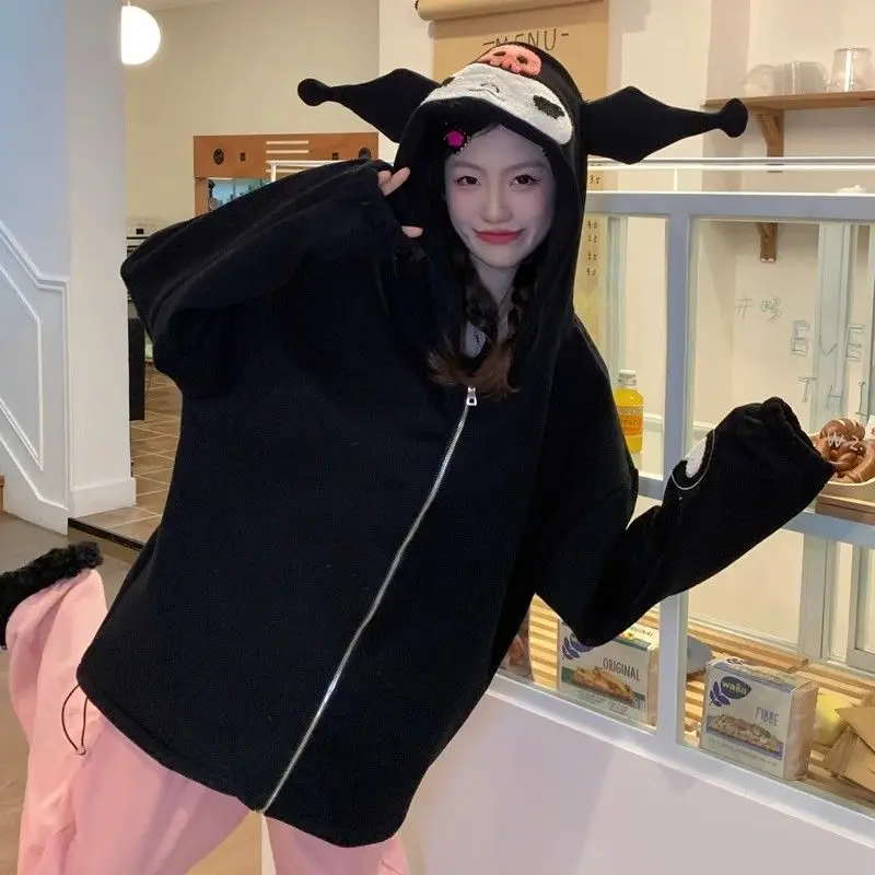 Sanrios Kuromi زمم هوديي النساء Y2K Kawaii المخملية سترة الرجال النساء الخريف الشتاء جديد فضفاض زوجين سترة سستة القمم العصرية