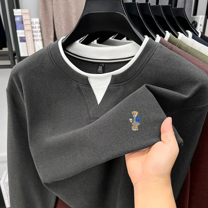 High-End Men‘s New Long-Sleeved T-Shirt Round Neck Color Blocking False Two-Piece Embroidery T-Shirt Fashion Trend Men'sClothing