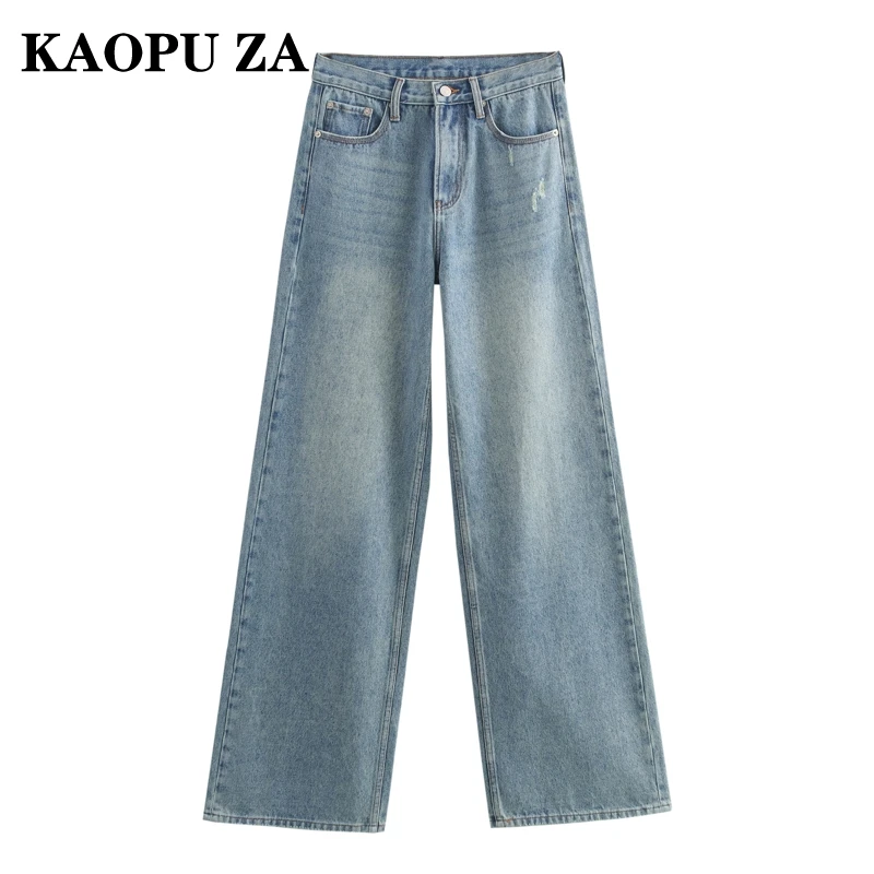 KAOPU ZA Woman's 2024 New Autumn Fashion Solid Color Button Jeans Female Casual High Waist Straight Wide Leg Pants Long Pants