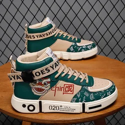 China Style High Top Unisex Skate Sneakers Fashion Green Printing Men Sports Shoes Comfortable Anti-slip Mens Leather Sneakers