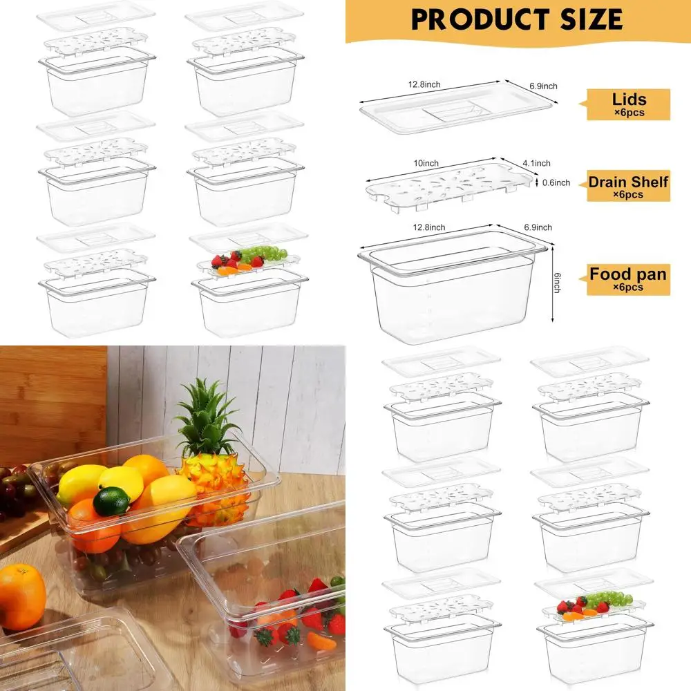 

6-Piece 1/3 Size Clear Polycarbonate Food Containers with Lids and Drain for Kitchen and Restaurant Use