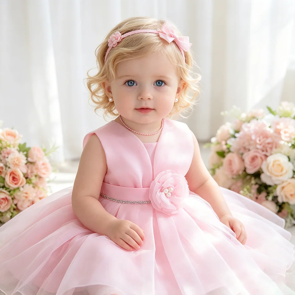 Toddler Pink Formal Dress 3D Pearl Flower Waist Decor Multi Layer Flared Puffy Skirt Kids Birthday Flower Baby Girl Dress ASQ03