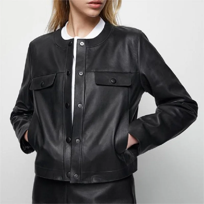 Black Genuine Leather Jacket Spring Autumn Women Round Neck Long Sleeves Slim Natural Sheepskin Short Tops Casacos Feminino