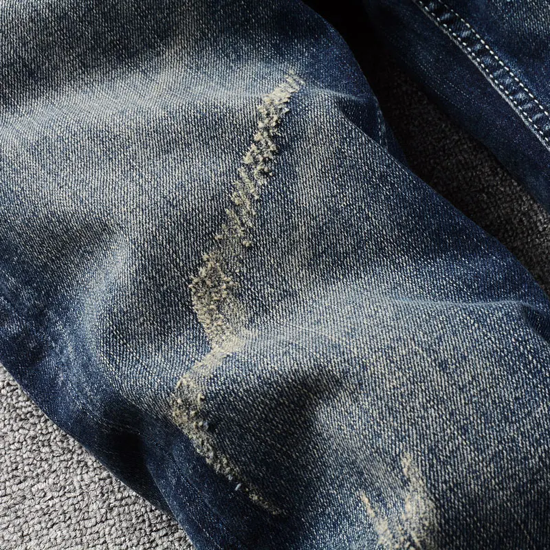 Fashion Designer Men Jeans High Quality Retro Washed Blue Stretch Slim Fit Ripped Jeans Men Vintage Casual Denim Pants Hombre